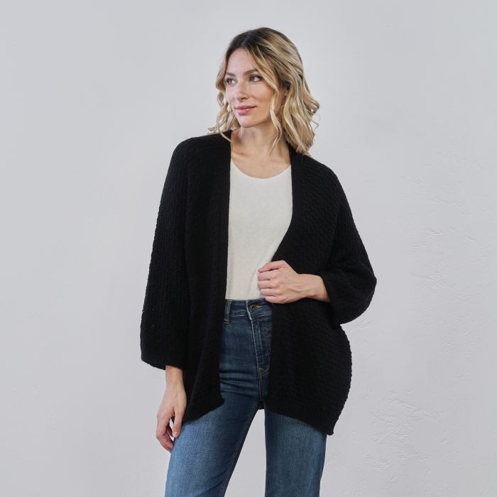 Cardigan nero da donna senza bottoni in tessuto lavorato