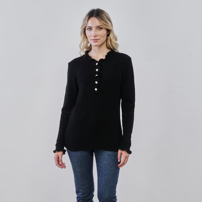 Maglioncino nero da donna con bottoni strass e scollo arricciato