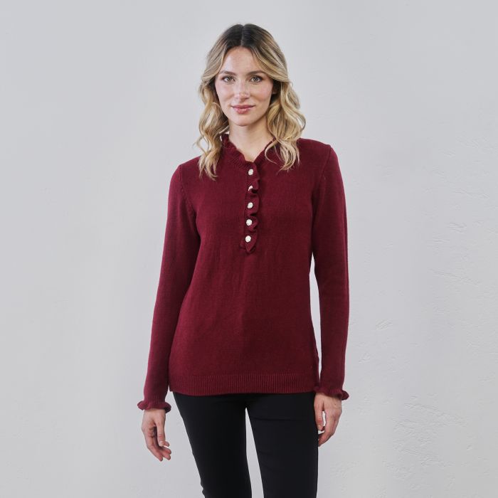 Maglioncino rosso da donna con bottoni strass e scollo arricciato