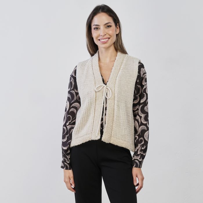 Gilet beige da donna in maglia con fiocchetto