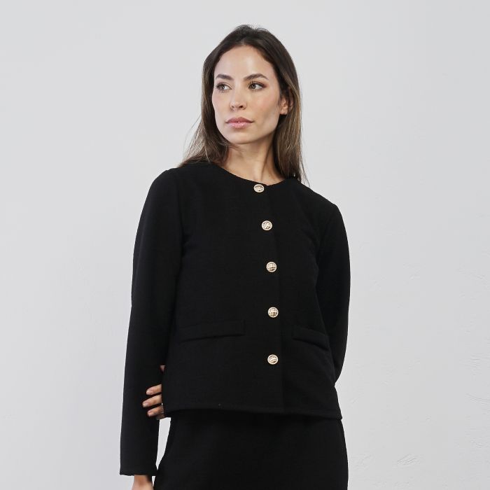 Blazer corto nero da donna con bottoni gioiello