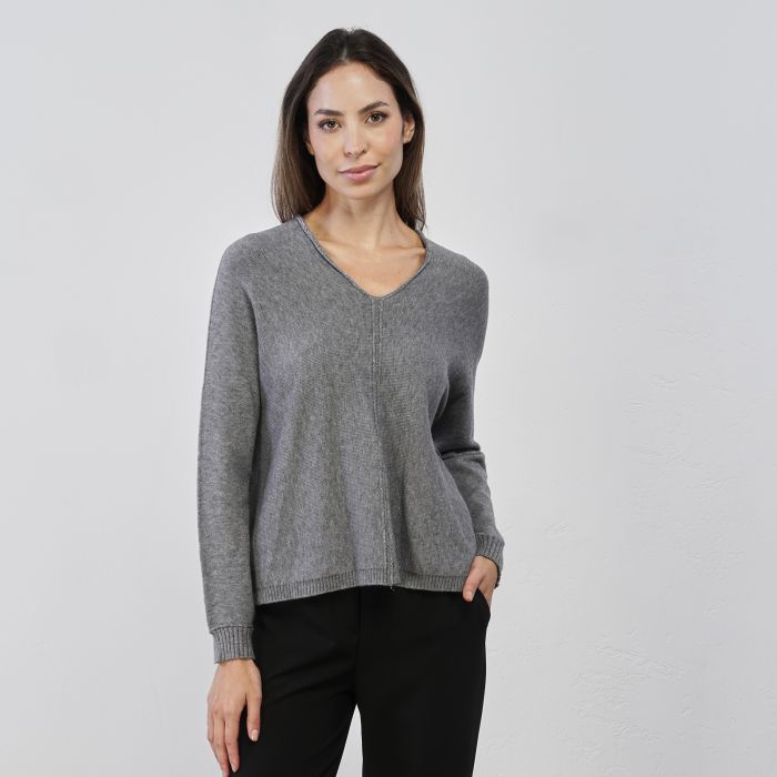 Maglioncino morbido grigio da donna con scollo a V