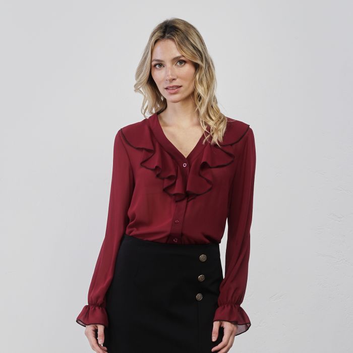 Blusa bordeaux da donna con volant