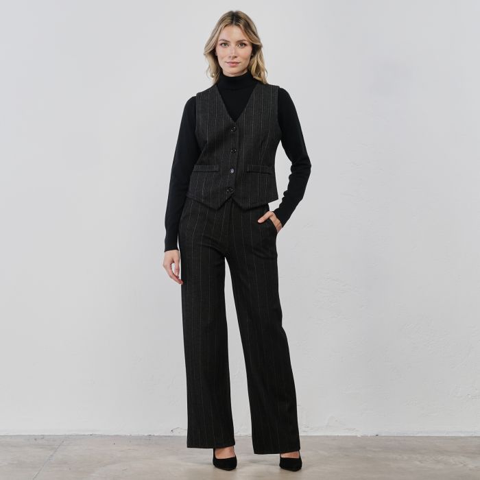 Pantaloni lunghi neri da donna in fantasia gessata