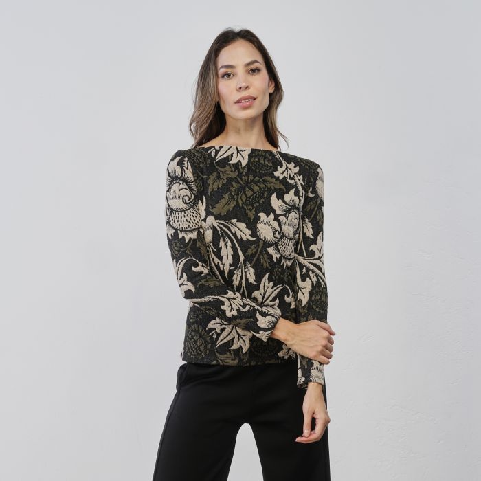 Maglia nera e beige da donna con ricami floreali