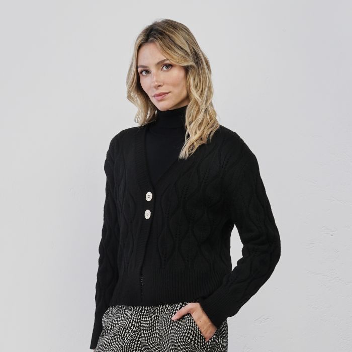 Cardigan nero corto da donna con bottoni gioiello