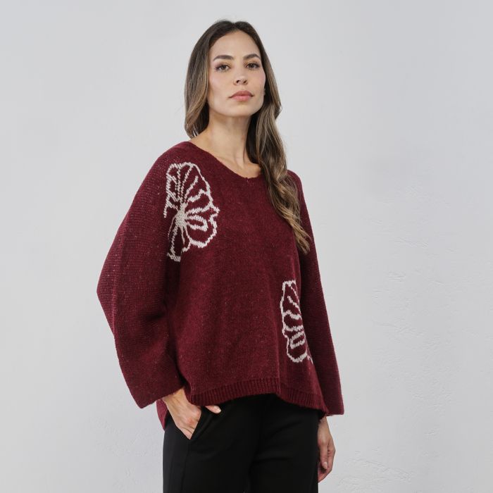 Maglione morbido rosso da donna con maxi fiori
