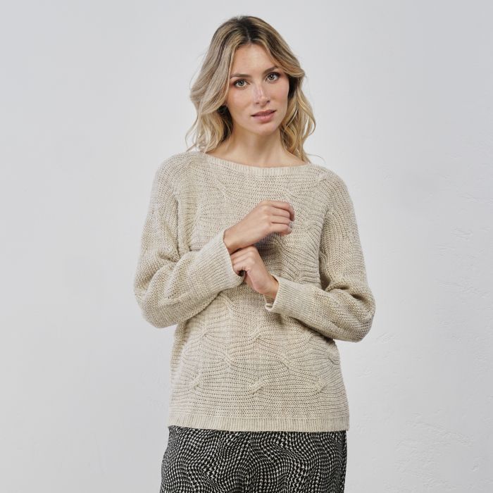 Maglione morbido beige da donna con inserti in lurex