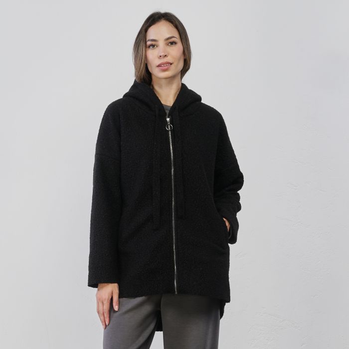 Cappotto nero da donna in tessuto bouclè con zip