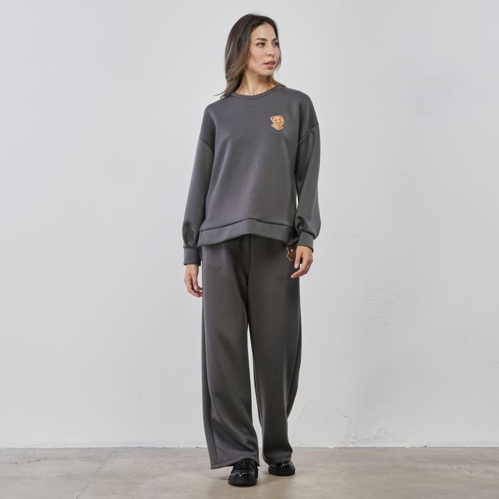 Pantaloni grigi lunghi da donna con dettaglio orsetto