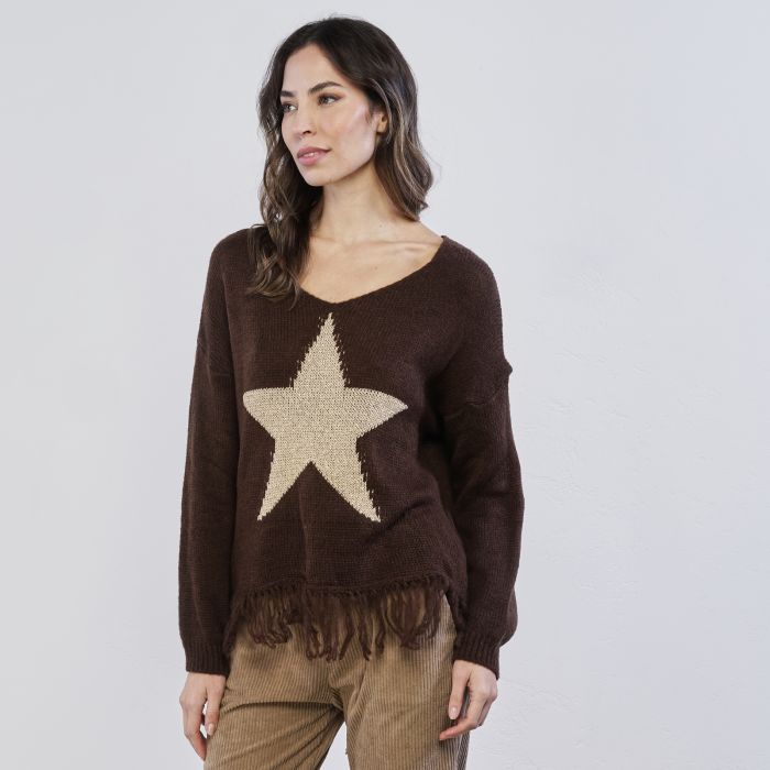 Maglione marrone da donna con stella glitterata