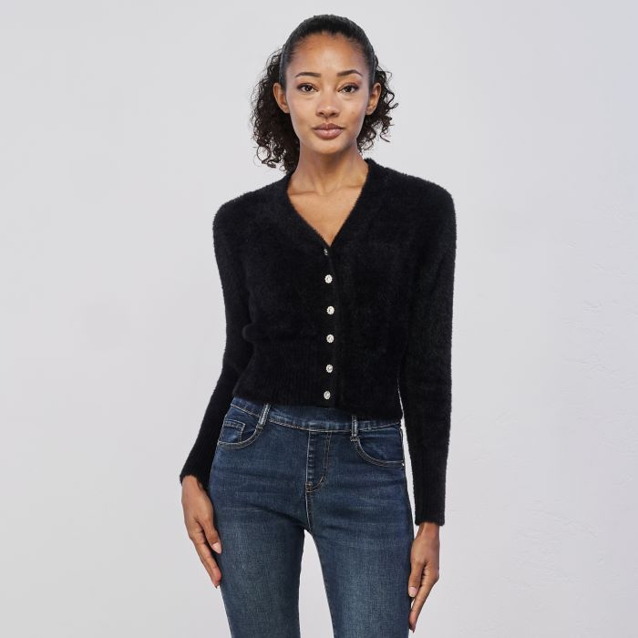 Maglioncino neri da donna in pelo con bottoni
