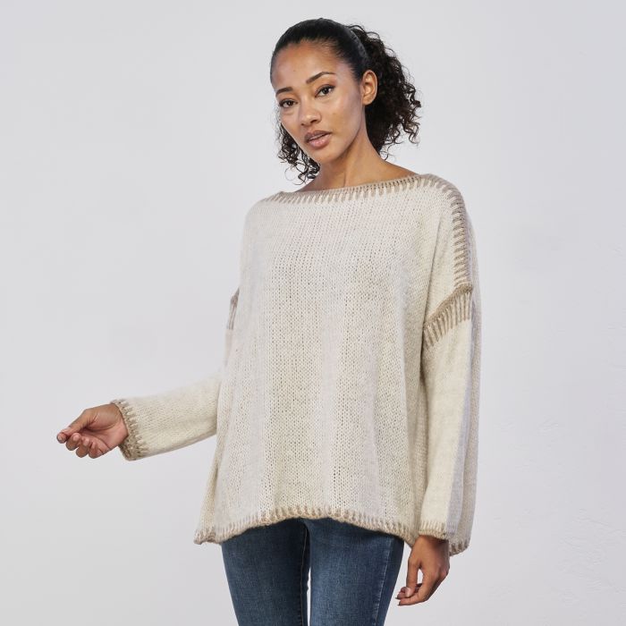 Maglione oversize beige da donna con dettagli cuciture a contrasto