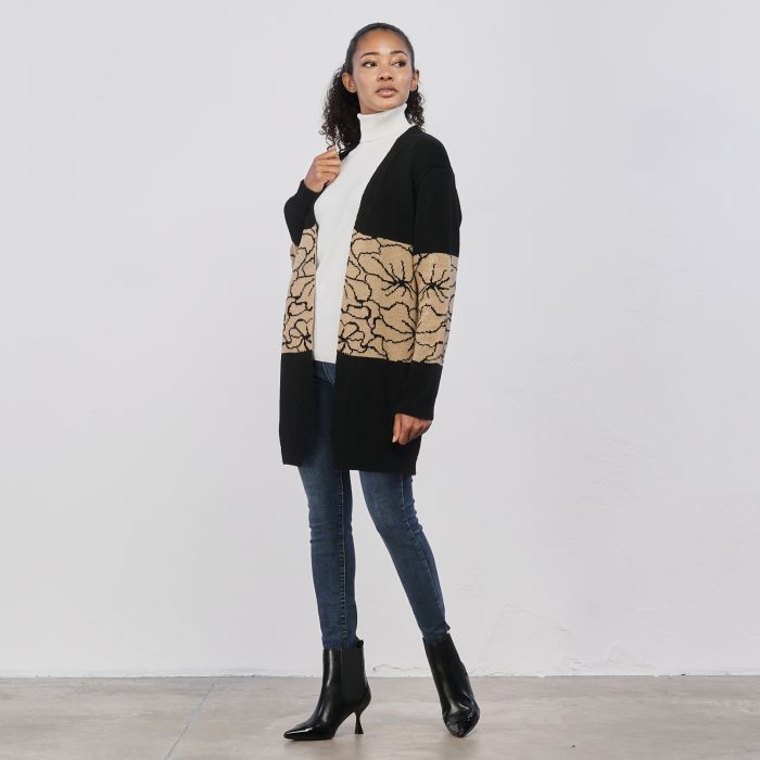 Cardigan lungo nero e beige da donna con inserto fantasia floreale