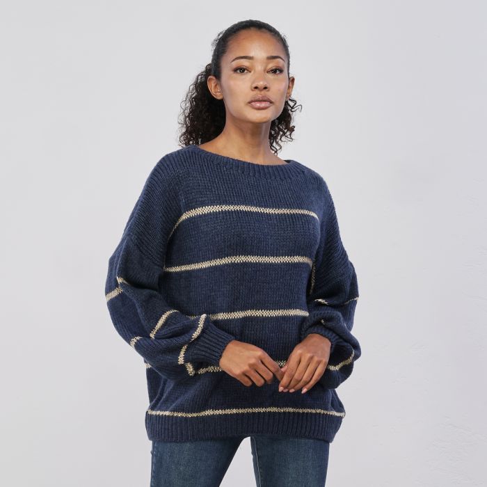 Maglioncino blu da donna con righe a contrasto in lurex