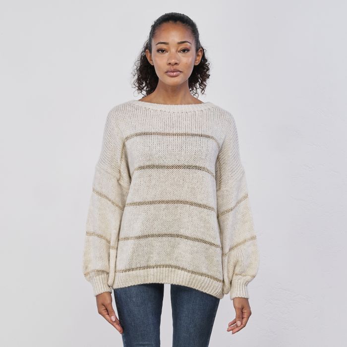 Maglioncino beige da donna con righe a contrasto in lurex