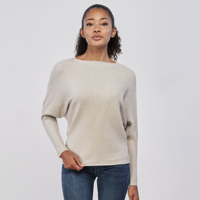 Maglia beige da donna a costine con scollo orizzontale