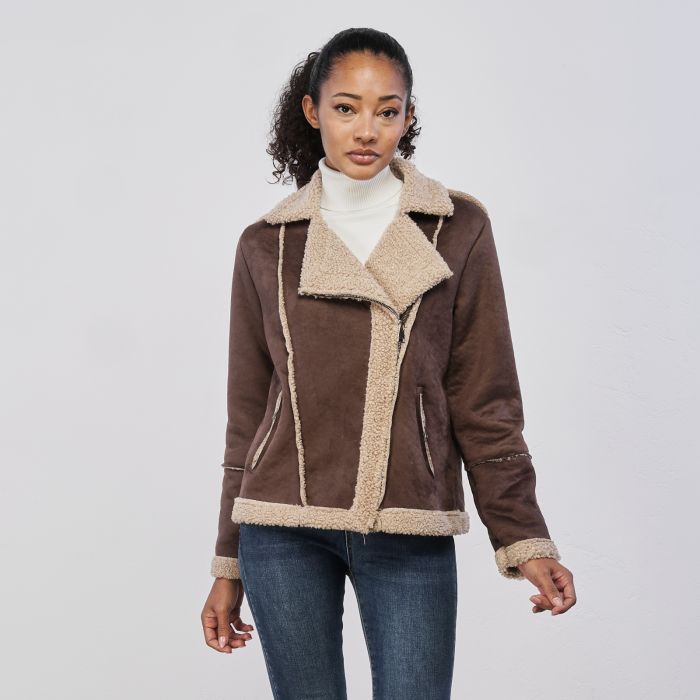 Montone corto marrone da donna con tasche