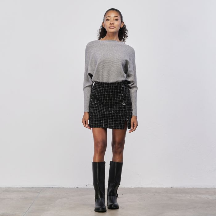 Gonna corta nera da donna con bottoni e fantasia in lurex
