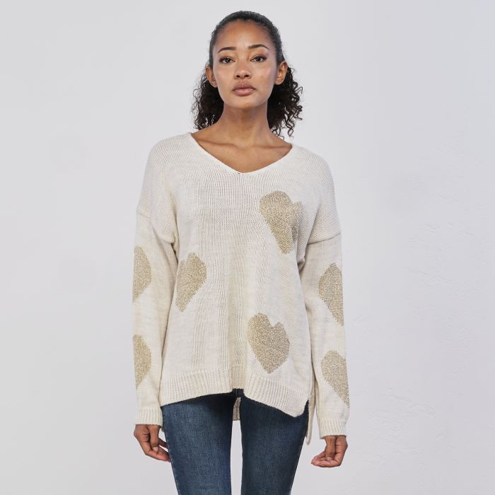 Maglione beige da donna con cuori in lurex