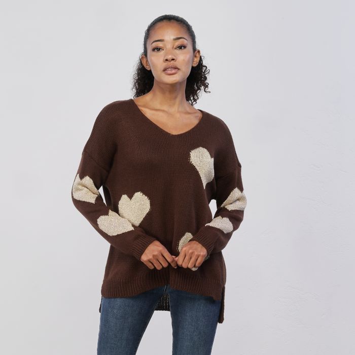 Maglione marrone da donna con cuori in lurex