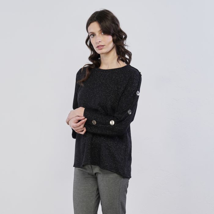 Maglioncino nero da donna in tessuto glitterato e bottoni