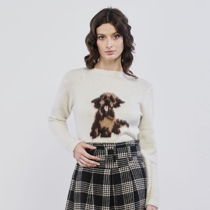 Maglioncino bianco da donna con ricamo cane