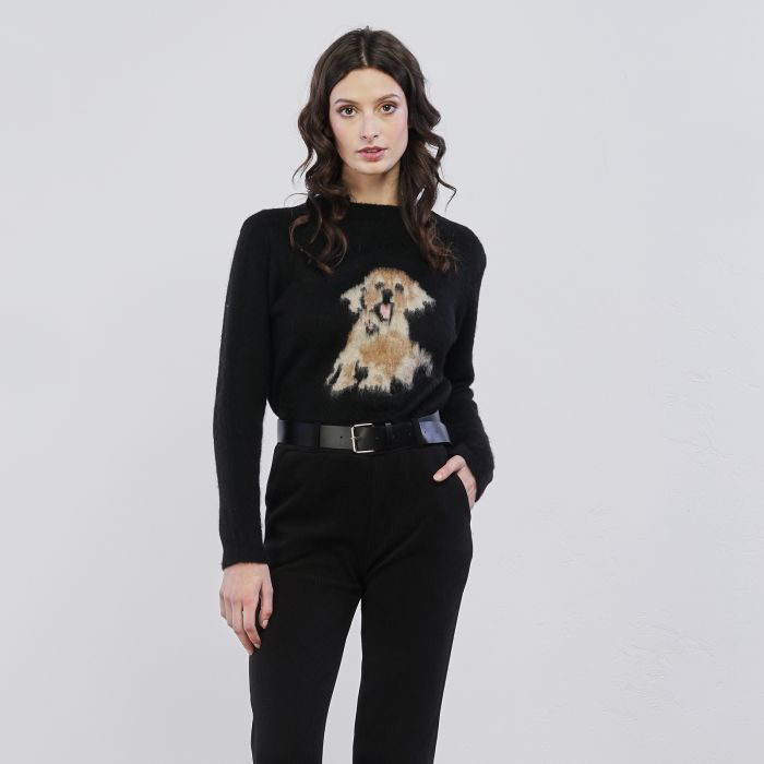 Maglioncino nero da donna con ricamo cane