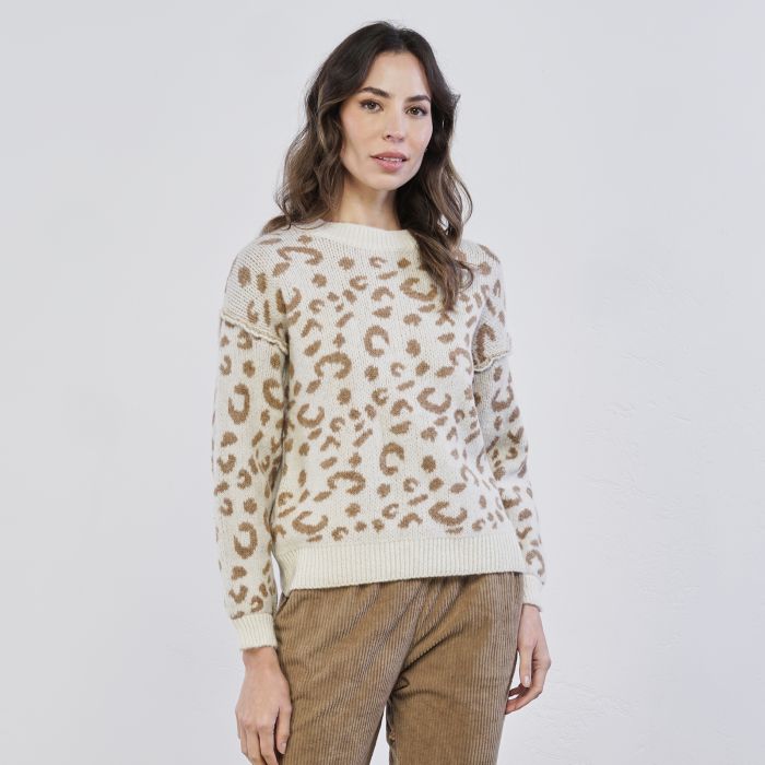 Maglione bianco da donna in fantasia animalier