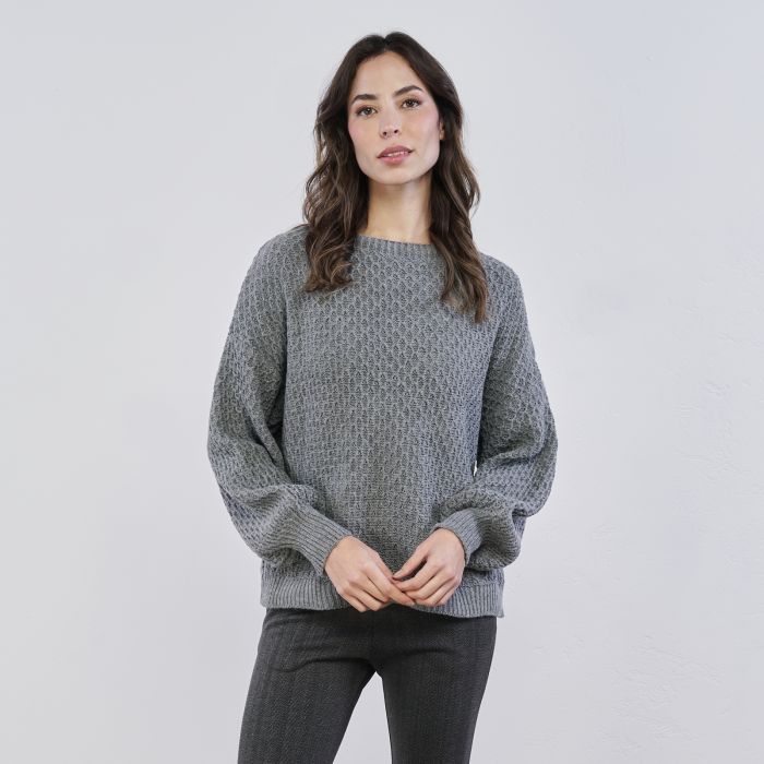 Maglioncino grigio lavorato da donna con maniche a sbuffo