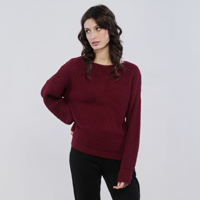 Maglioncino bordeaux lavorato da donna con maniche a sbuffo