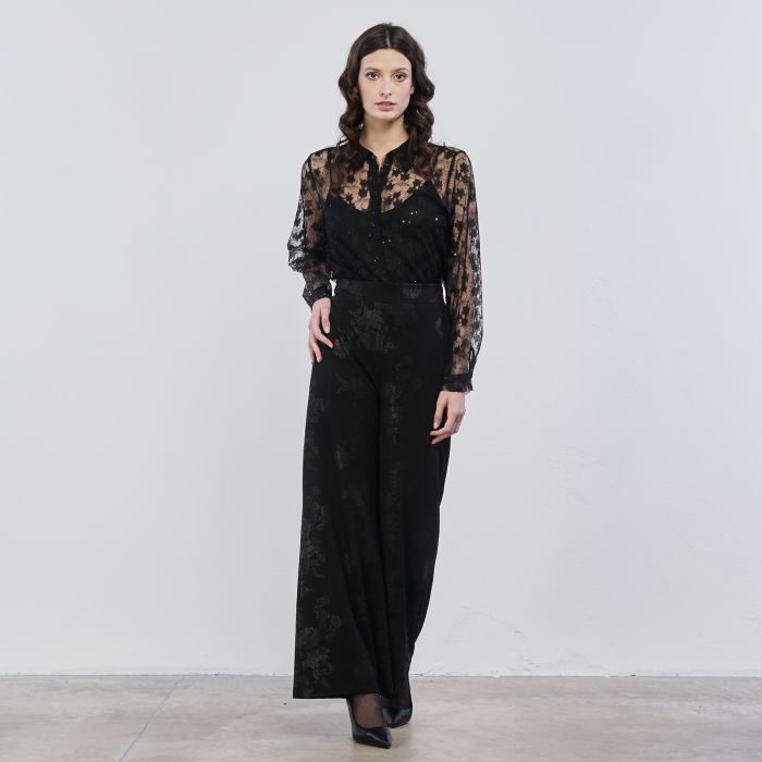 Pantaloni lunghi ampi neri da donna in tessuto damascato