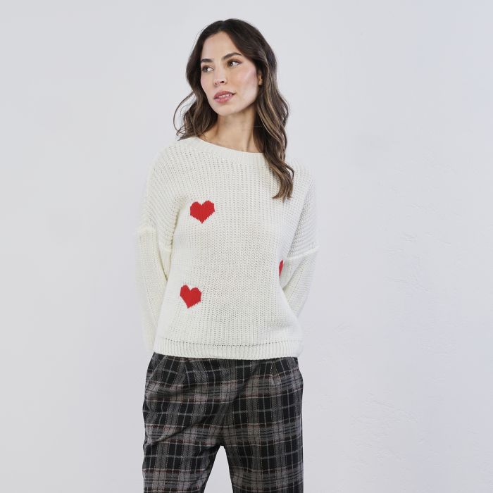 Maglione bianco da donna con cuori