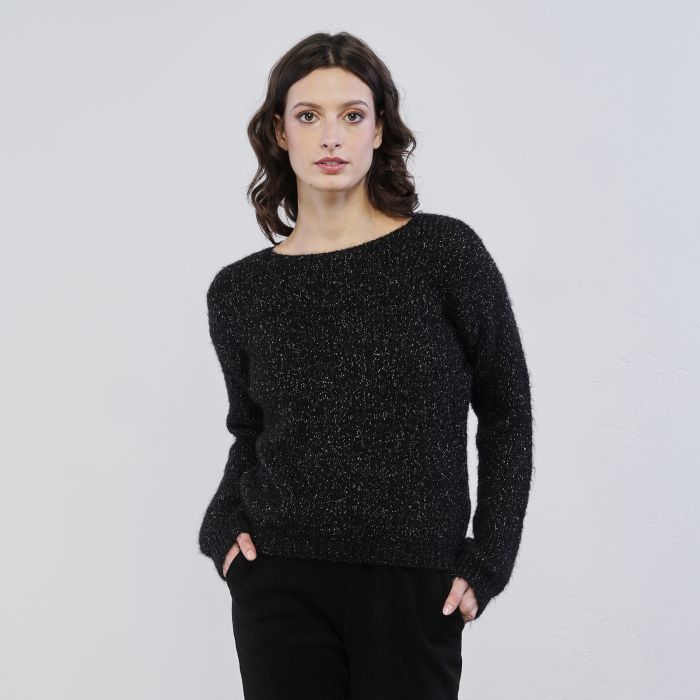 Maglione nero da donna in peluche con fili in lurex