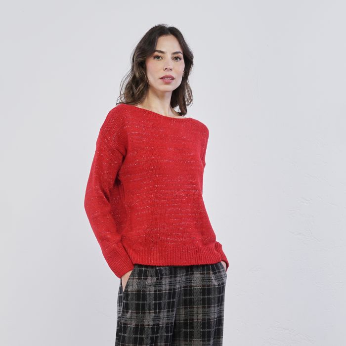 Maglione rosso da donna con inserti in lurex