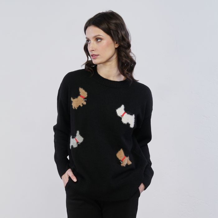 Maglione nero da donna con cani