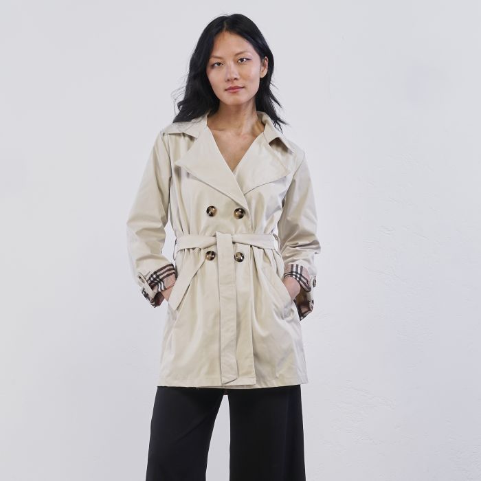 Giacca beige modello trench Alesya da donna con inserti in stampa check