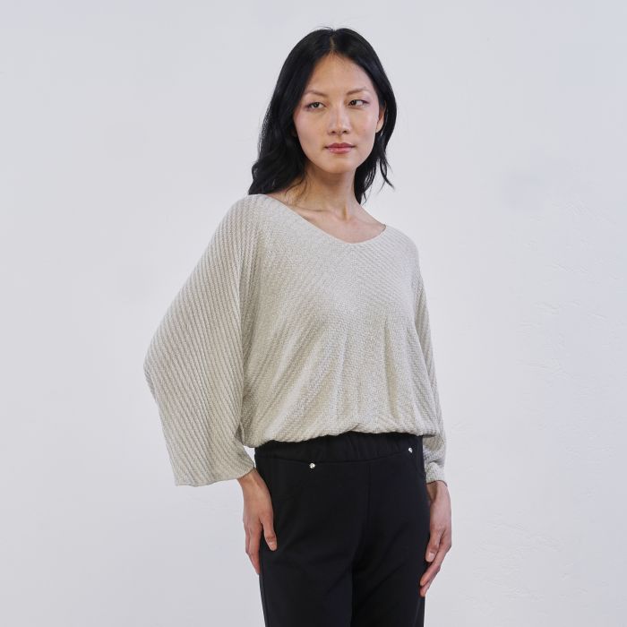 Maglia beige Alesya da donna in tessuto lurex con maxi maniche