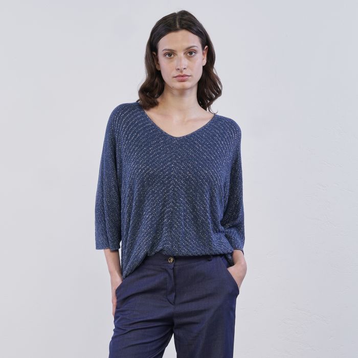 Maglia blu Alesya da donna in tessuto lurex con maxi maniche