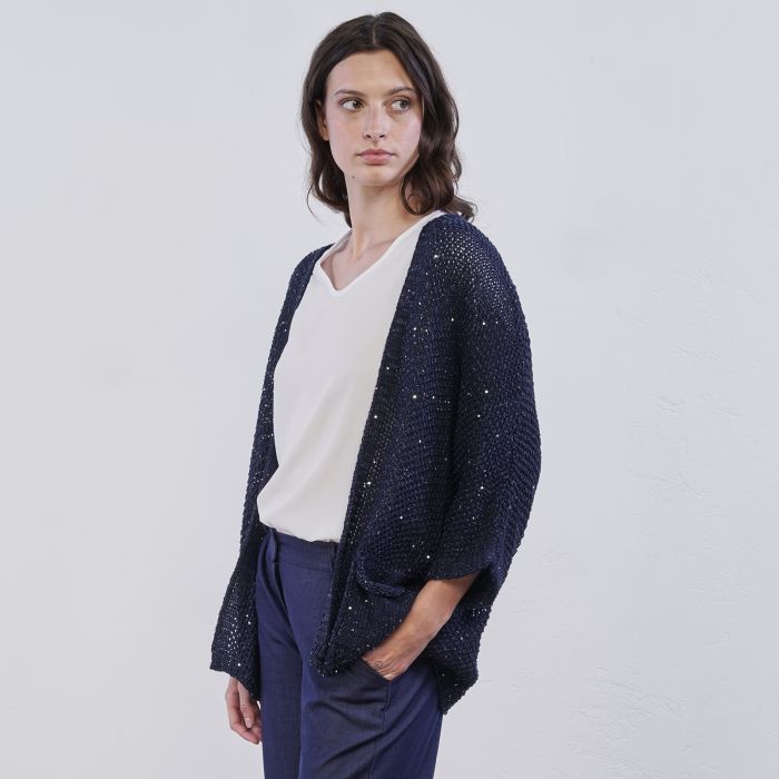 Cardigan blu Alesya da donna in tessuto con paillettes