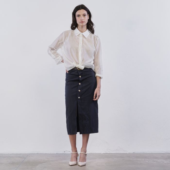 Gonna midi Lokita da donna in fantasia a righe con spacco, bottoni e cintura