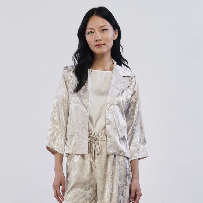 Blazer beige Alesya da donna in tessuto lucido con fantasia floreale