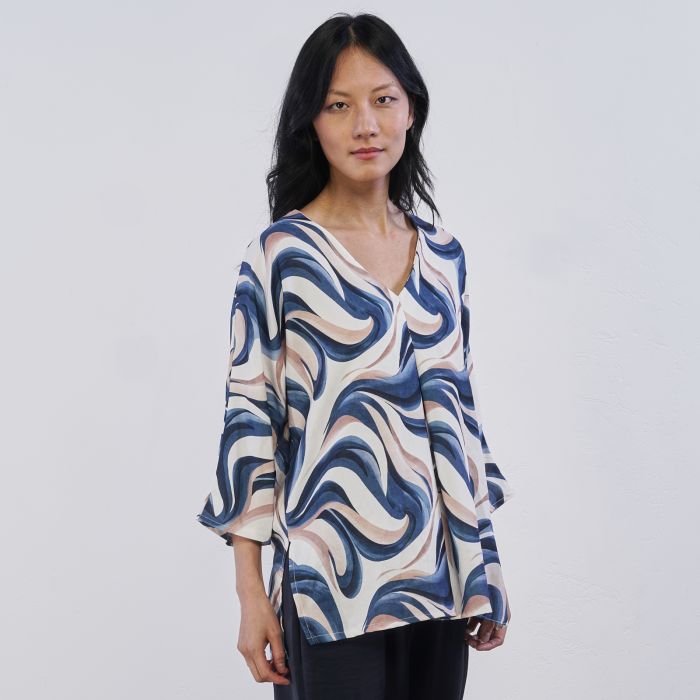 Maxi blusa beige e azzurra da donna Alesya in stampa floreale