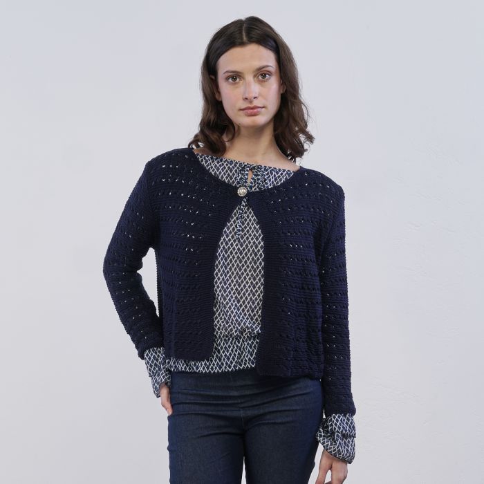 Cardigan corto blu da donna Alesya in tessuto ricamato con bottone