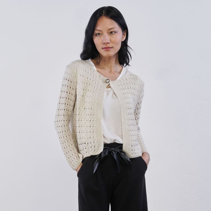 Cardigan corto beige da donna Alesya in tessuto ricamato con bottone