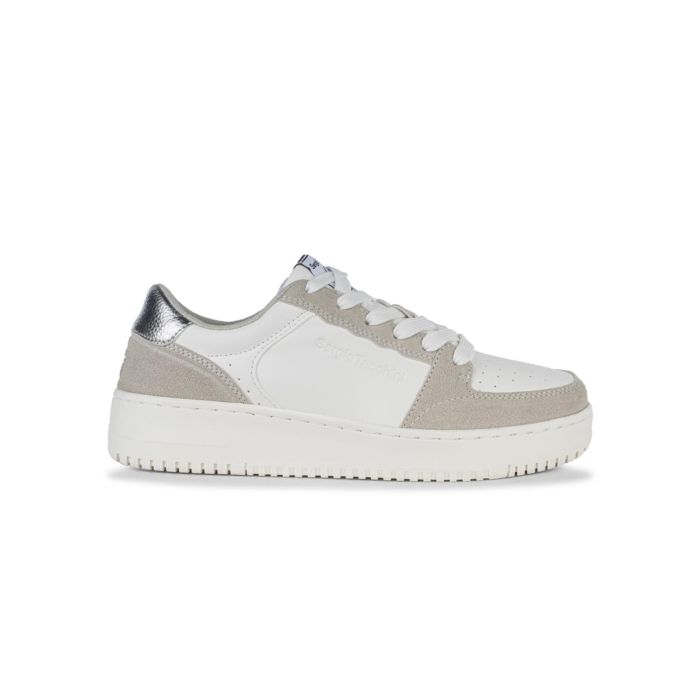 Sneakers tennis beige e bianche da donna con logo e suola platform