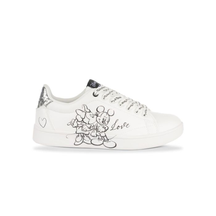 Sneakers bianche da donna con stampa Minnie e Mickey Mouse e lacci con scritte