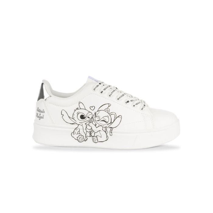 Sneakers bianche da donna con stampa Stitch e lacci con scritte