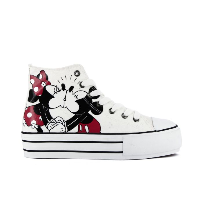 Sneakers bianche alte con suola platform e stampa laterale cartoon Minnie e Topolino