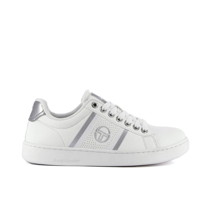 Sneakers donna bianche da tennis con logo e dettagli argentati